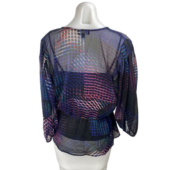 DKNY Blue Multicolor Striped Long Balloon Sleeve Sheer Peplum Wrap Blouse Top S - Picture 2 of 4